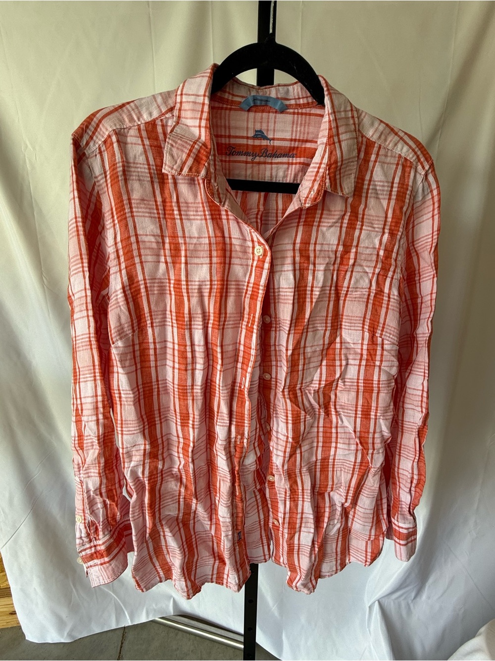 Tommy Bahama Women’s Medium Button Down Long Sleeve Coral White Plaid Shirt